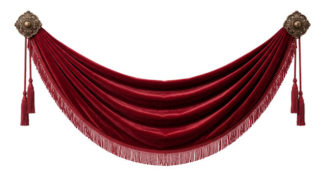 Elegant red velvet curtain swag with gold tassel fringe and ornate metal wall hangers for luxury home interior decoration.