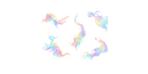 Obraz premium Holographic iridescent smoke swirls on white background. Pastel rainbow vapor clouds and ethereal fluid waves. Soft colorful mist set for creative graphic design and artistic overlays.