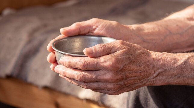 Close up of elderly hands holding empty metal bowl representing poverty and hunger