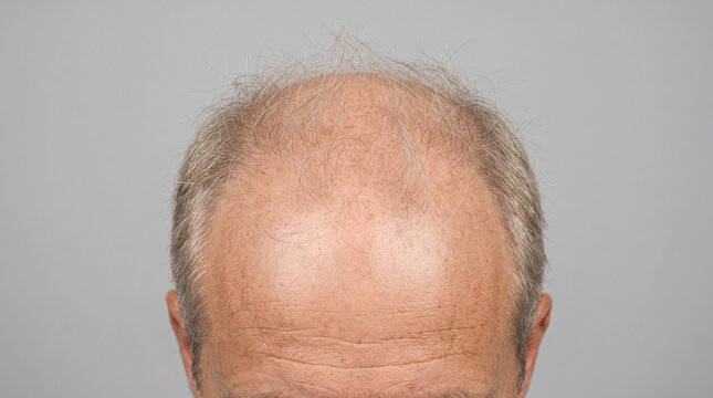 Close-up of balding man&rsquo;s head from above showing hairline and scalp on plain neutral background.