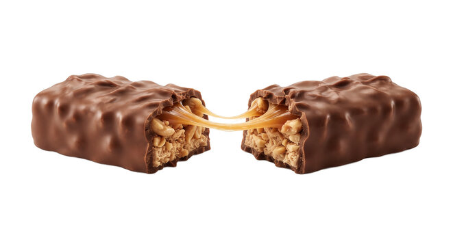 Chocolate candy bar broken in half with gooey caramel and peanuts stretching between pieces on transparent background.