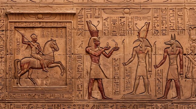 Ancient egyptian relief carving depicting gods pharaohs and symbolic representations of life and the afterlife in detailed stone work