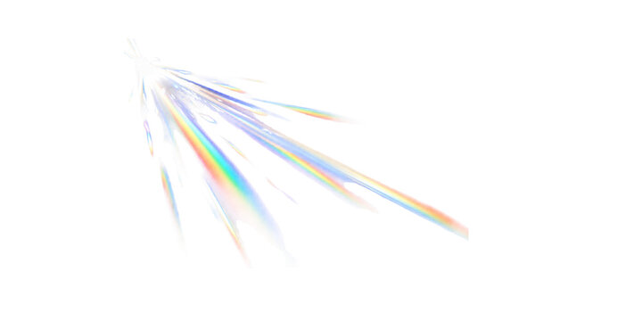 Prism light leak with rainbow lens flare on white background. Crystal refraction overlay for photo editing. Spectral glass dispersion effect. Abstract iridescent sunbeam light rays.