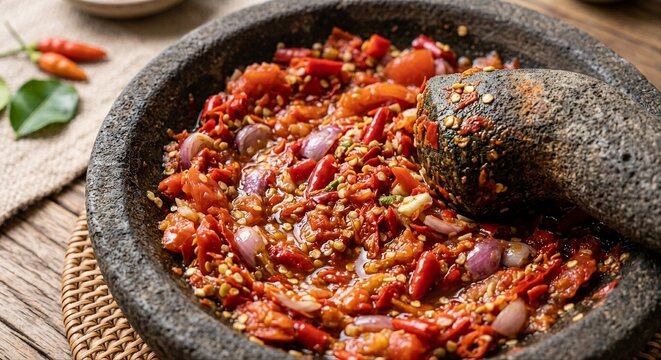 Authentic Indonesian Sambal Rica - Freshly Ground Red Chili Paste with Garlic, Shallots, and Tomato in Stone Mortar