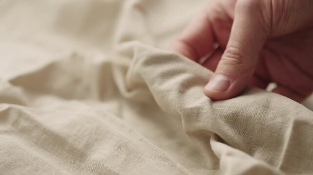 Slow motion man hand checking natural linen shirt cloth