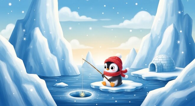 A Little Penguin's Patience: Ice Fishing Serenity