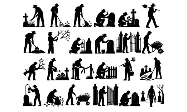 Cemetery workers caring for graves, flowers and grounds in spooky Halloween silhouettes, vector set design
