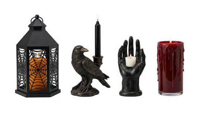 Set of four spooky halloween themed candle holders and candles isolated on transparent background