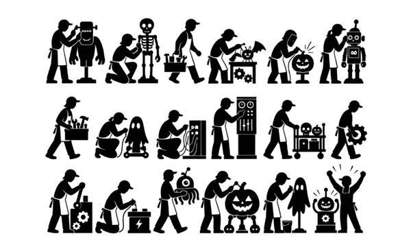 Halloween workshop silhouettes of creators making skeletons, ghosts, pumpkins and robots vector set design