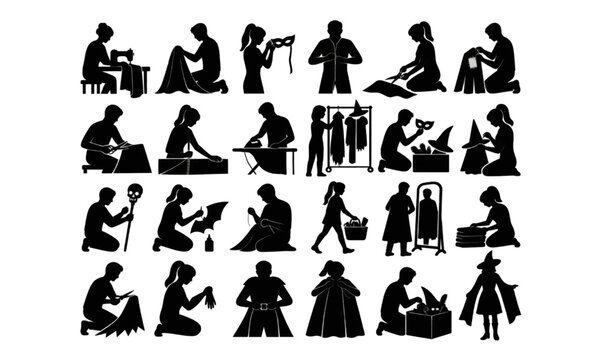 Halloween costume makers creating masks, capes and spooky outfits in silhouette vector design set