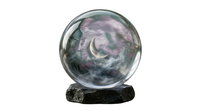 Cracked glass crystal ball showing a crescent moon in a cloudy sky on a stone base transparent background