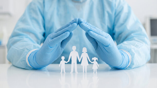 Healthcare professional forms protective gesture over diverse family figurines symbolizing patient care.