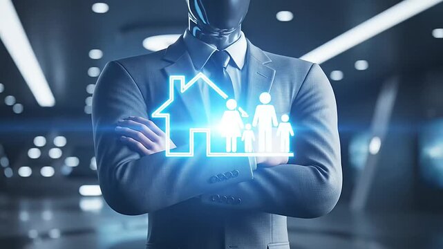 Virtual house and family icons in a modern office focused on virtual real estate