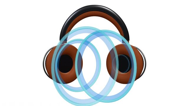 A premium realistic 3D animation of modern over-ear headphones featuring a titanium and cognac leather finish. The headphones generate smooth, synchronized audio waves from both ear cups