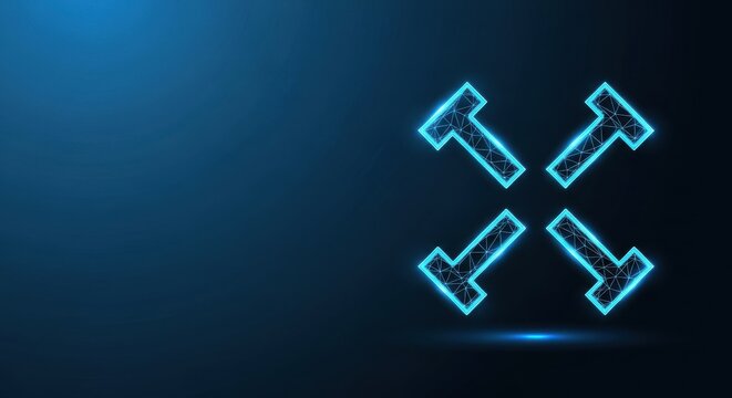 Diagonal outward arrows symbol in glowing neon blue geometric design on dark background