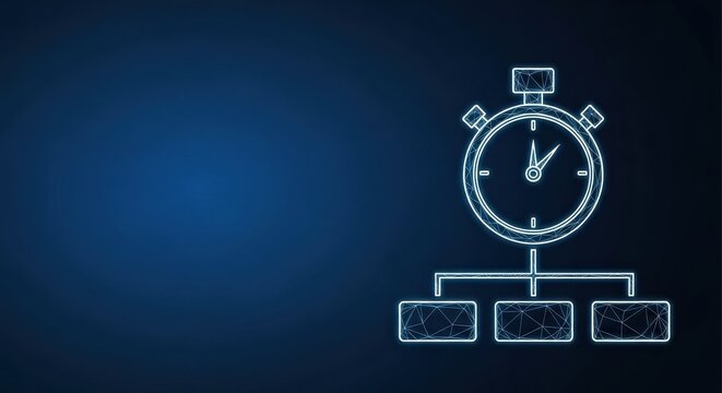 Digital stopwatch and flowchart illustrating time management and process flow