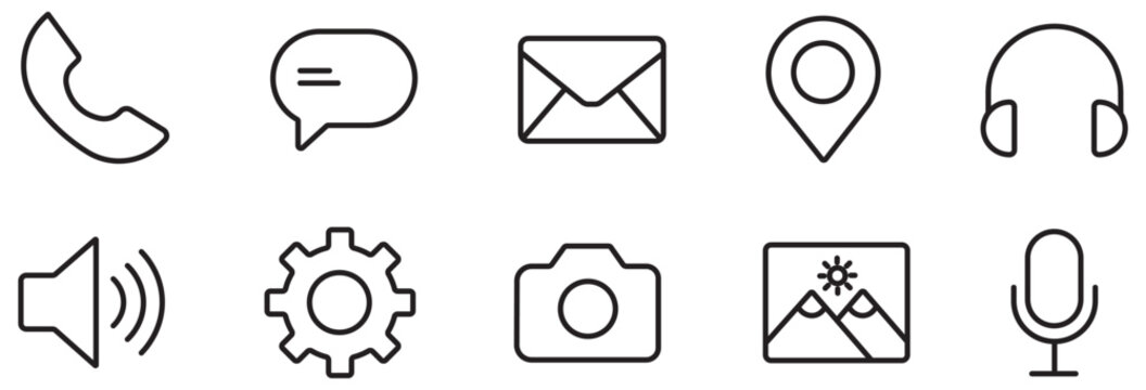 Minimalist line icons set of 10 vector symbols. Modern black outline communication and interface icons for web design and mobile apps.