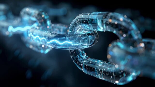 Horizontal Futuristic Glowing Glass Blockchain with Energy Pulse and Digital Data Transfer Animation