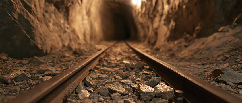 Underground rail track leading into tunnel with rocky stone ground and warm light