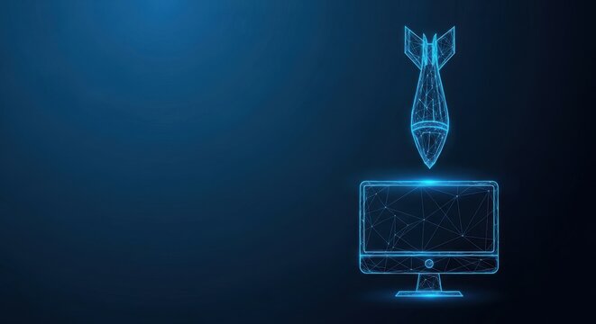 Digital cybersecurity attack with a computer and bomb threat on a dark blue background