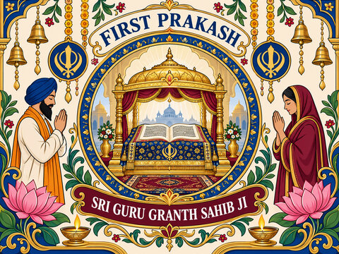 First Prakash Sri Guru Granth Sahib Ji &ndash; Sikh Religious Celebration, Spiritual Devotional Poster