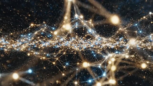 Floating glowing particles forming dynamic design in a dark space