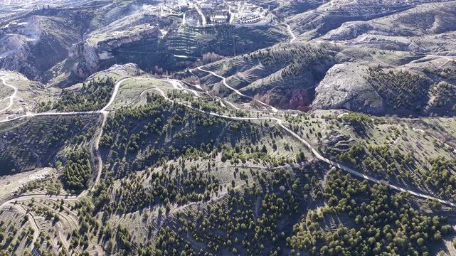 Smooth 4K aerial flight gently moves right while descending over rolling steppe hills with scattered trees. Shot in a flat color profile, ideal for professional color grading and LUT application.