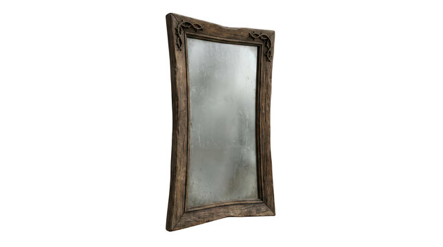 Isolated antique wooden mirror with a weathered frame and distressed glass texture for interior design and fantasy games transparent background