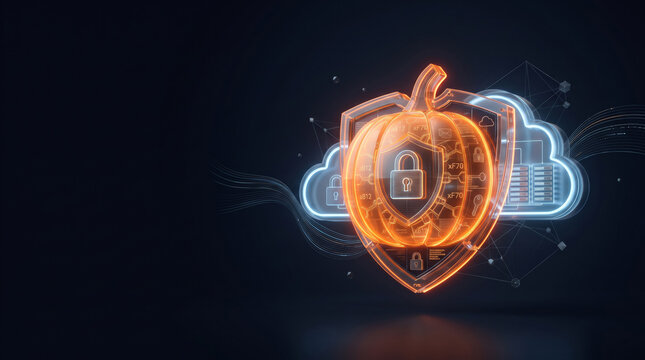 Halloween cybersecurity, spooky digital shield with padlock protecting cloud data network security privacy and online information