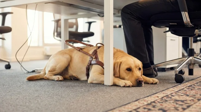 Labrador guide dog resting quietly under desk in modern corporate office environment