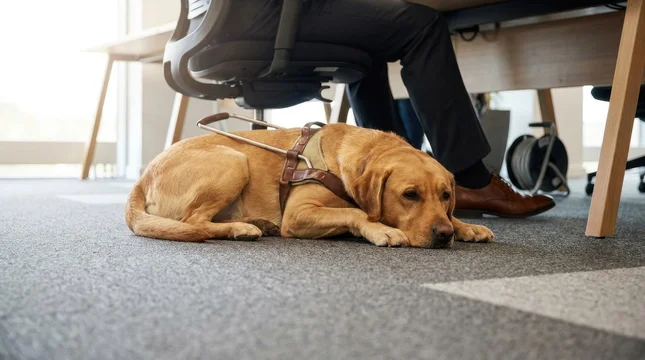Loyal service dog relaxing under workspace desk supporting owner with visual impairment
