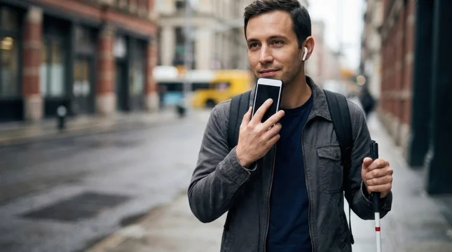 Blind man using voice assistant on smartphone while navigating urban city environment