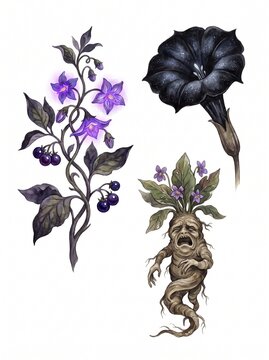 Magical Botanical Illustration Set with Nightshade, Black Galaxy Flower and Screaming Mandrake Root
