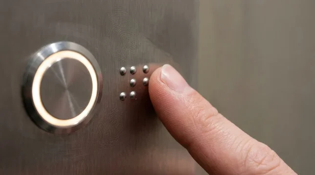 Finger reading tactile braille dots on metallic elevator panel for building accessibility