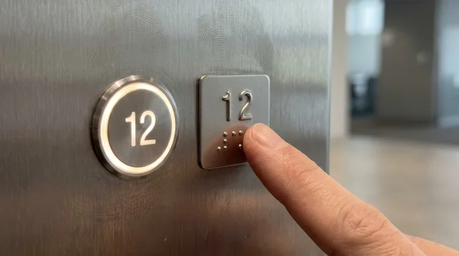 Person identifying floor number by touching braille signage on metal elevator button