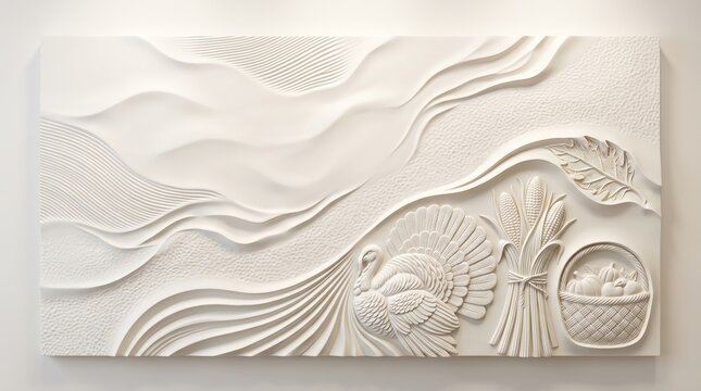 Thanksgiving white background border crafted in 3D carved wood relief with turkey motif for architectural publishing