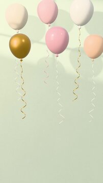 Vertical video of pastel balloons floating against a sage green plaster wall, curling ribbons swaying in soft window light, seamless loop with copy space
