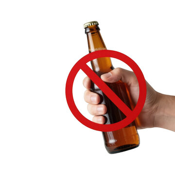 Hand holding beer bottle with a red prohibition sign alcohol free no alcohol