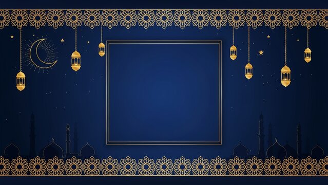 Golden ornamental border with hanging lanterns and crescent moon on a dark blue background