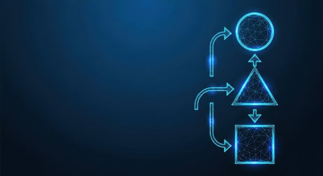 Digital flowchart diagram with interconnected shapes and arrows on a dark blue background