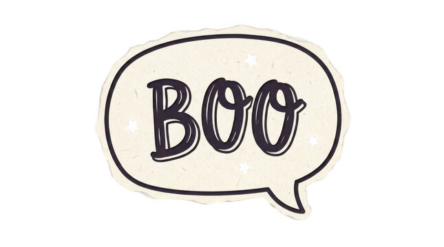 Isolated speech bubble sticker with the hand written text boo and small stars transparent background