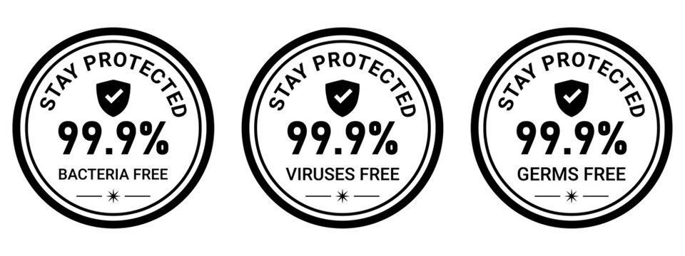 99.9 Percent Bacteria Free Virus Free Germ Free Protection Badge Hygiene Safety Certification Seal Cleanliness Health Care Product Label Vector Design