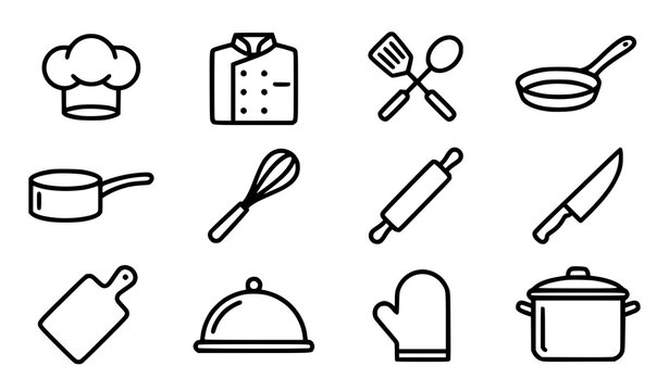 Chef and professional cooking kitchen utensils editable line icon set vector illustration