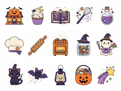 Set of cute halloween baking icons with pumpkins, ghosts, cats, and witch hats isolated on white background