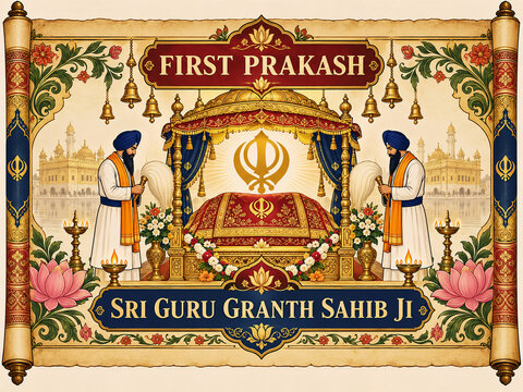 First Prakash Sri Guru Granth Sahib Ji &ndash; Sikh Religious Celebration, Spiritual Devotional Poster