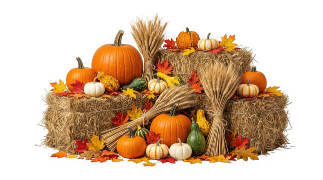 Autumn harvest display with pumpkins, gourds, wheat sheaves, and colorful fall leaves isolated on transparent background