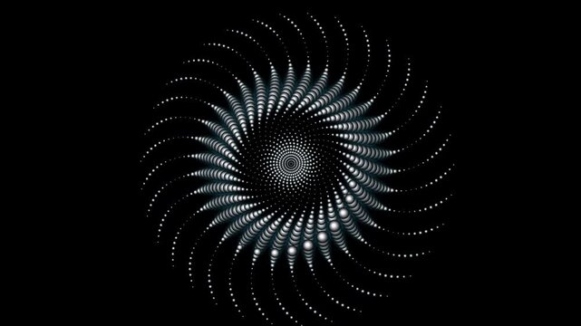 Abstract monochrome spiral pattern made of small glowing metallic spheres arranged in a circular vortex design