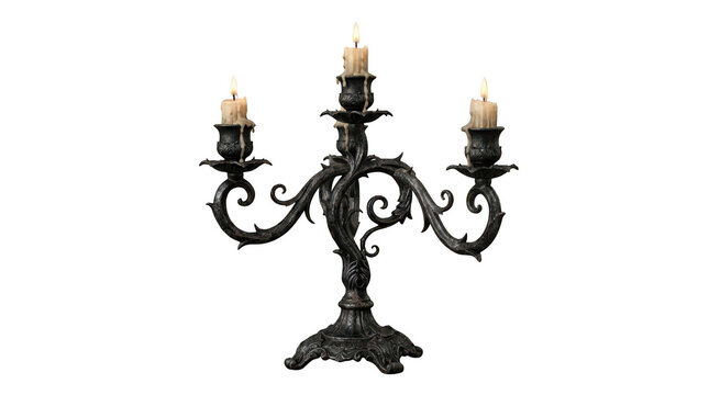 Ornate gothic vintage metal candelabra with three lit melting candles isolated on a white background transparent background