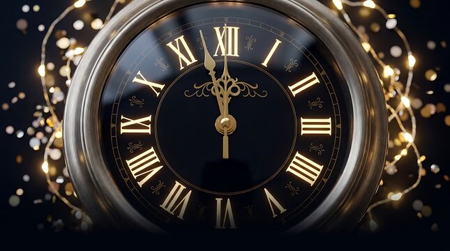 Vintage clock face with roman numerals and soft golden bokeh lights for new year celebrations