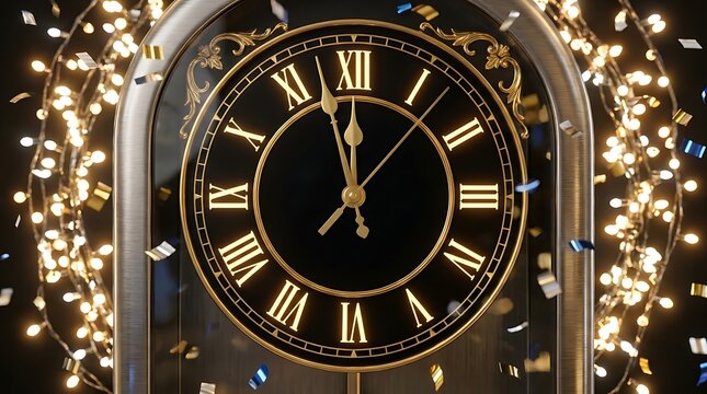 Elegant pendulum clock face marking time during confetti filled new year eve celebration